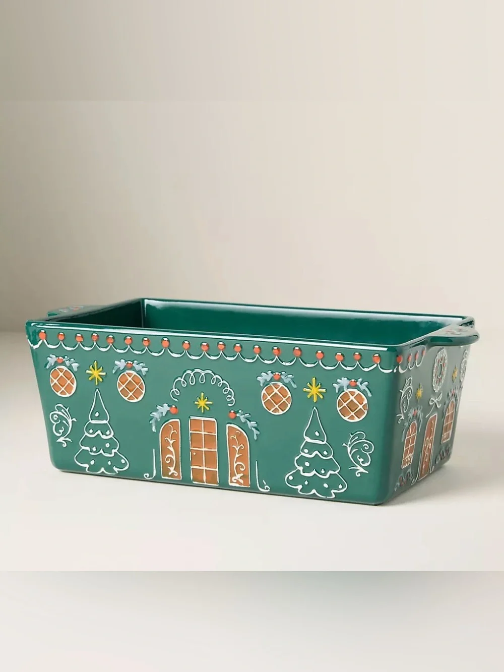 Anthropologie Ginger Loaf Pan - Holiday Gingerbread Ceramic in Green
